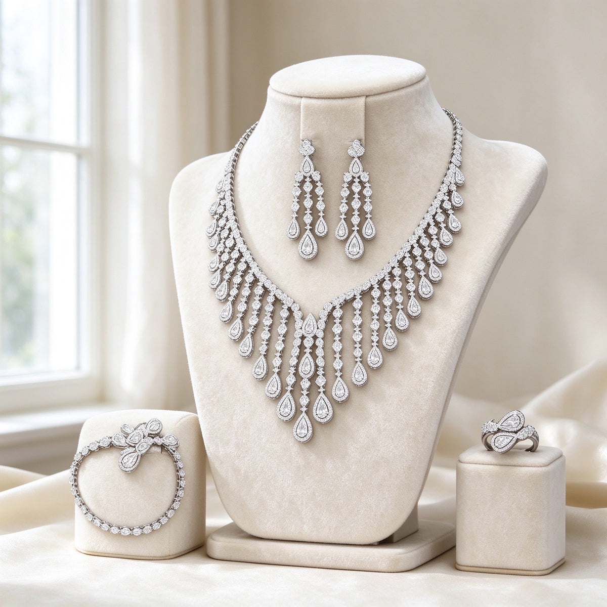 The Ember Bridal Set — 4-piece silver-tone CZ bridal jewelry set on cream velvet bust