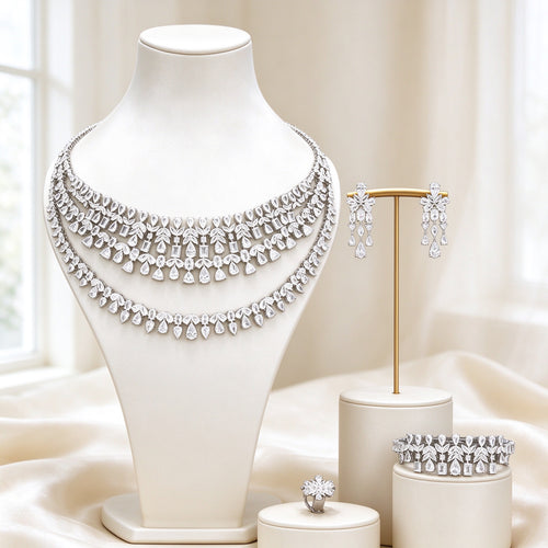 The Fjord Bridal Set 3-row mixed-cut CZ graduated collar necklace on ivory bust