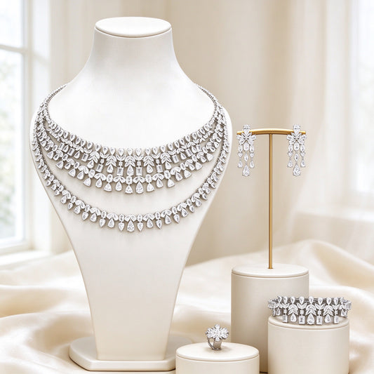The Fjord Bridal Set 3-row mixed-cut CZ graduated collar necklace on ivory bust