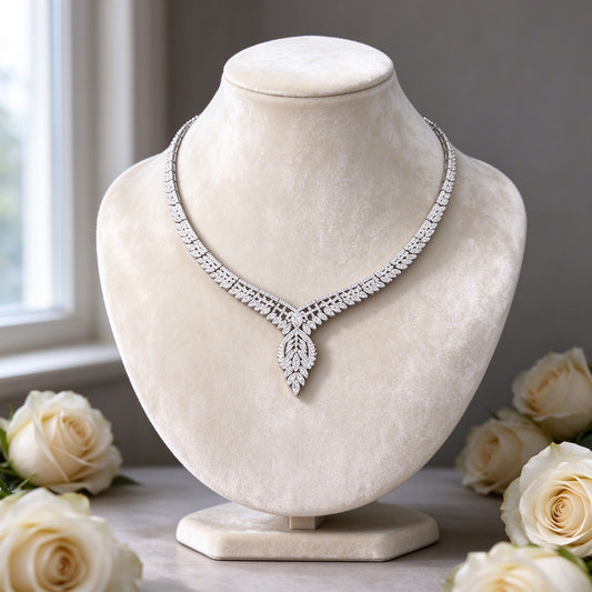 The Petal Bridal Set silver-tone micro-pavé CZ choker necklace on a cream velvet bust