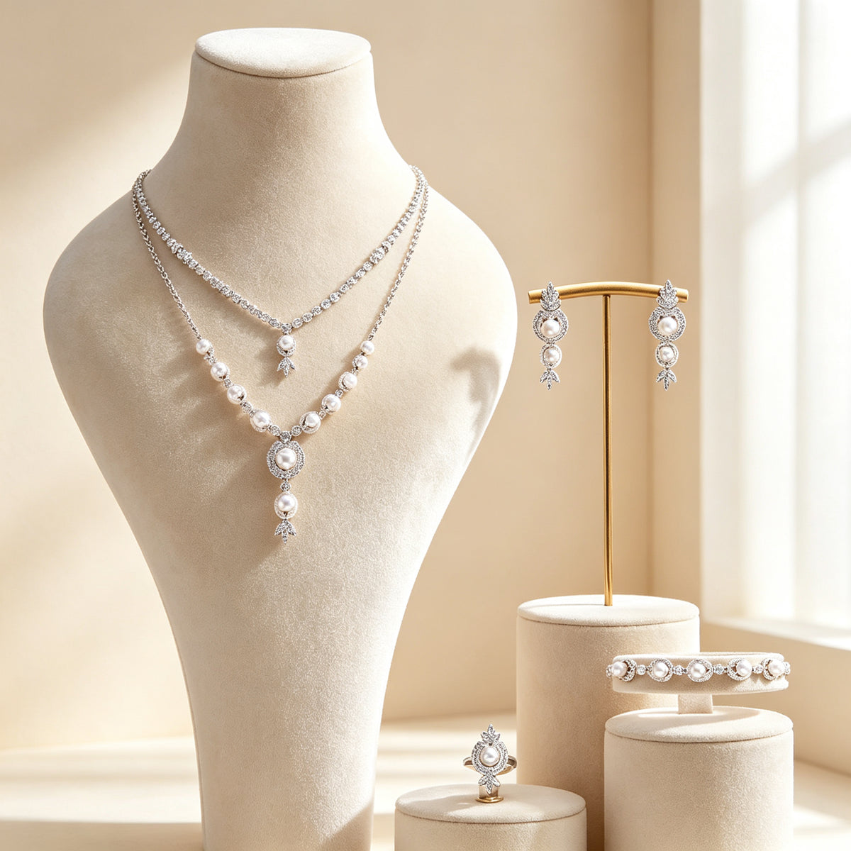 The Zenith Bridal Parure — two-layer pearl and CZ lariat necklace on cream velvet bust