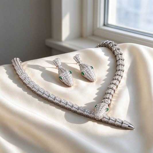 The Lumina Crystal Set silver-tone pavé cubic-zirconia serpent choker necklace and snake-head drop earrings on ivory silk by a window