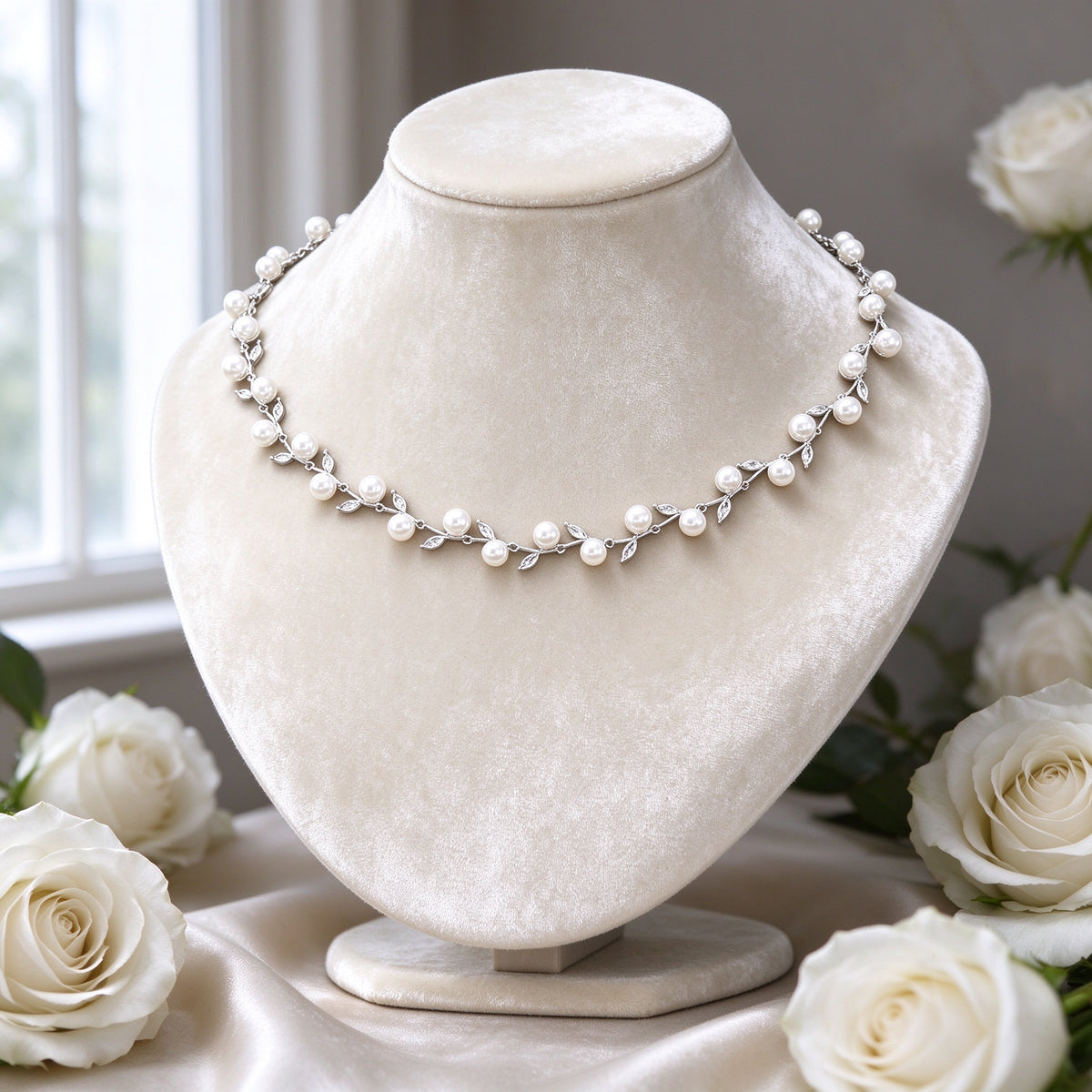 The Alpine Crystal Parure silver-tone pearl and CZ leaf necklace on a cream velvet bust