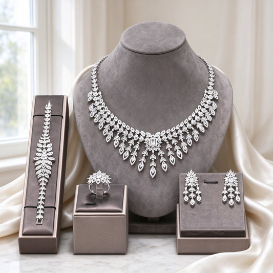 The Eve Bridal Set silver-tone CZ fringe collar necklace on warm grey velvet bust