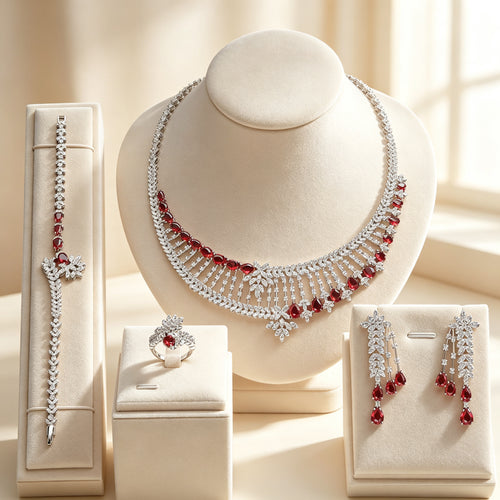 The Leaf Crystal Parure ruby CZ leaf jewelry set on cream velvet bust