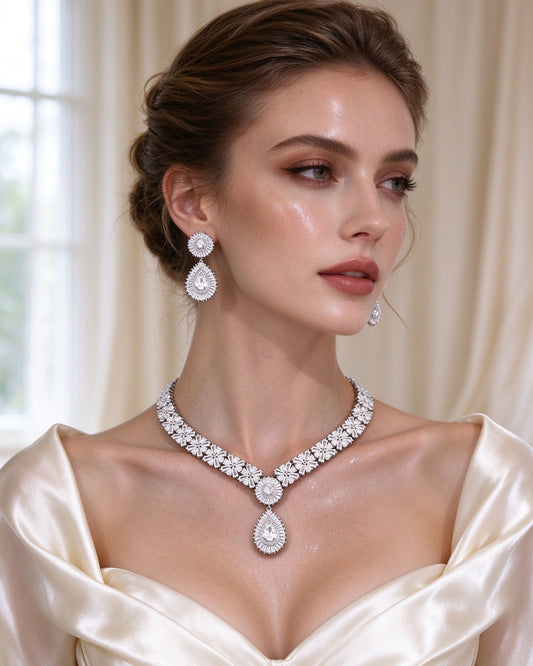 The Root Wedding Suite — baguette sunburst CZ collar necklace and two-tier drop earrings on a bride