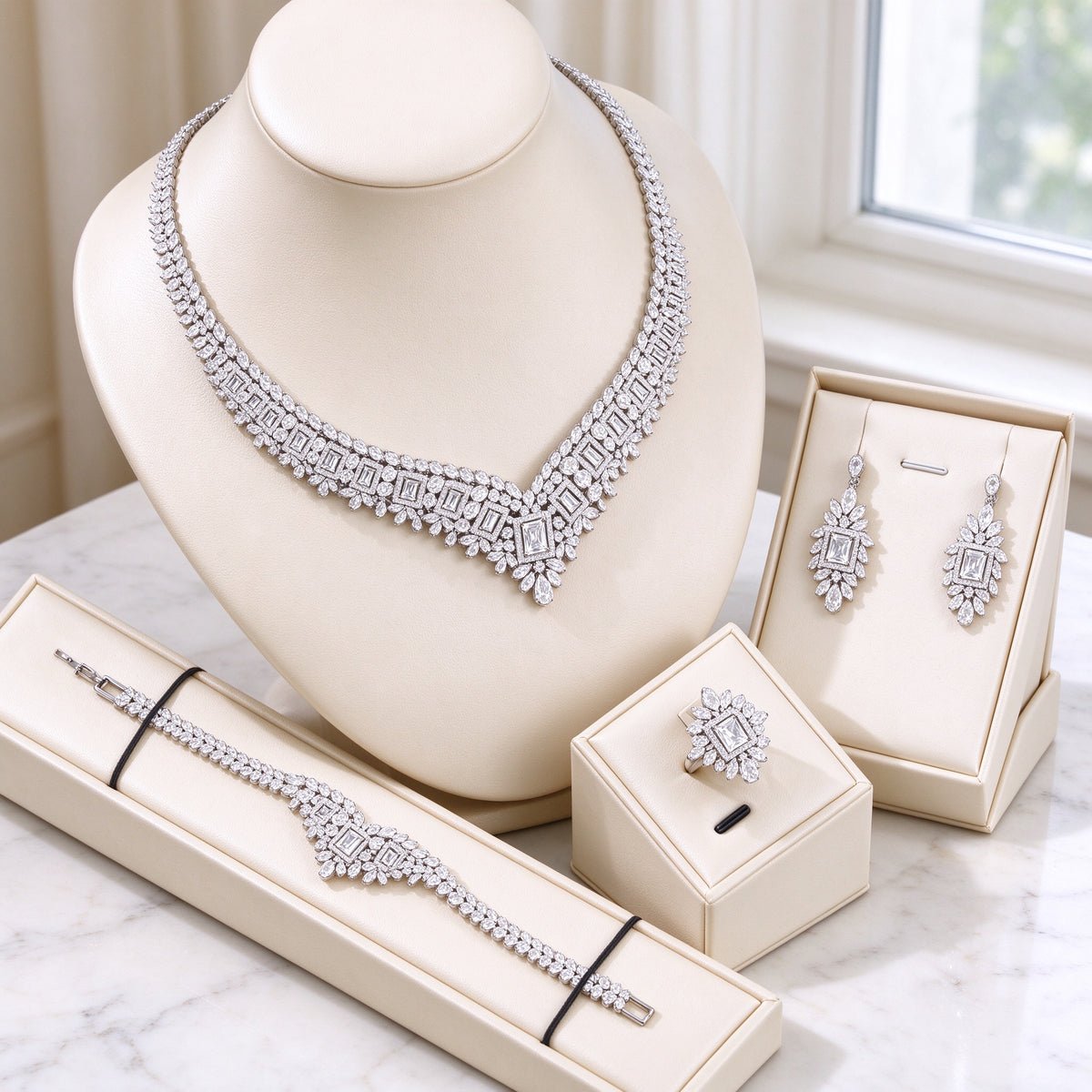 The Diadem Bridal Parure silver-tone pavé V-collar necklace, radiating drop earrings, floral halo ring and line bracelet on ivory leather bust over white marble
