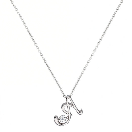 Dainty script letter A initial necklace in polished sterling silver on white background