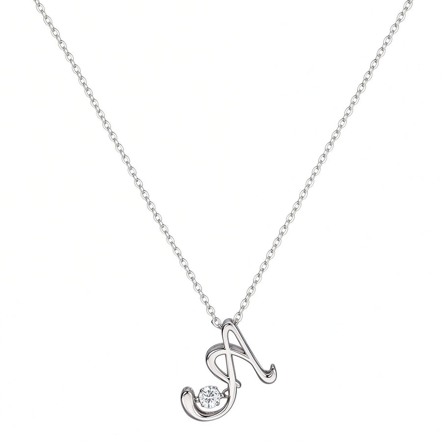 Dainty script letter A initial necklace in polished sterling silver on white background