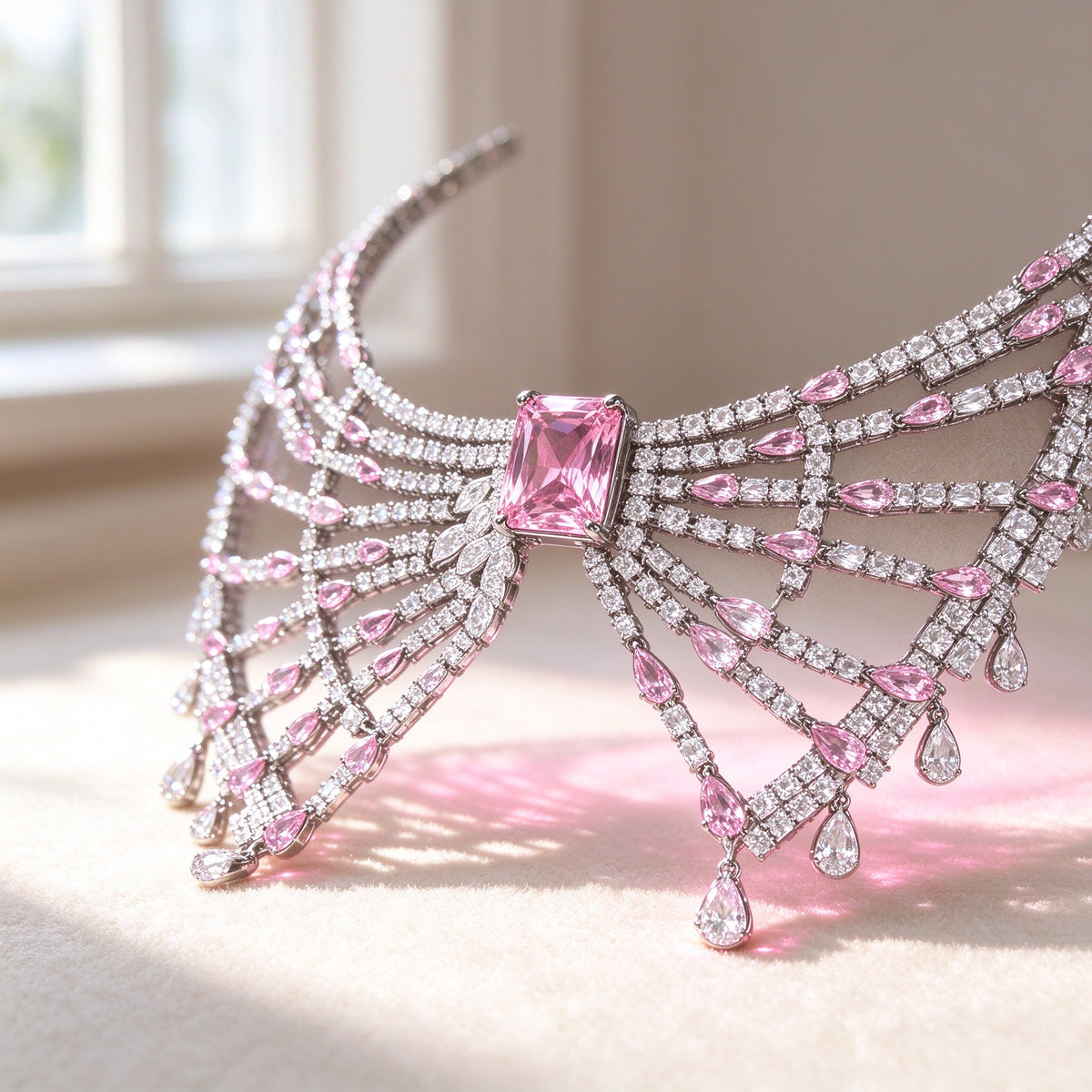 Macro detail of The Equinox Crystal Parure pink emerald-cut center with radiating clear CZ fan