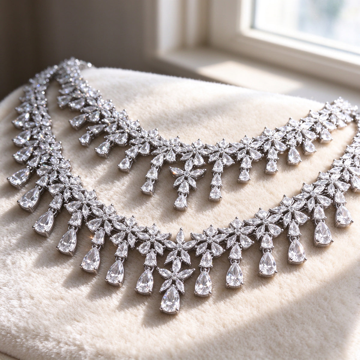 Macro of The Crest layered V-necklace marquise and pear-cut clear cubic zirconia