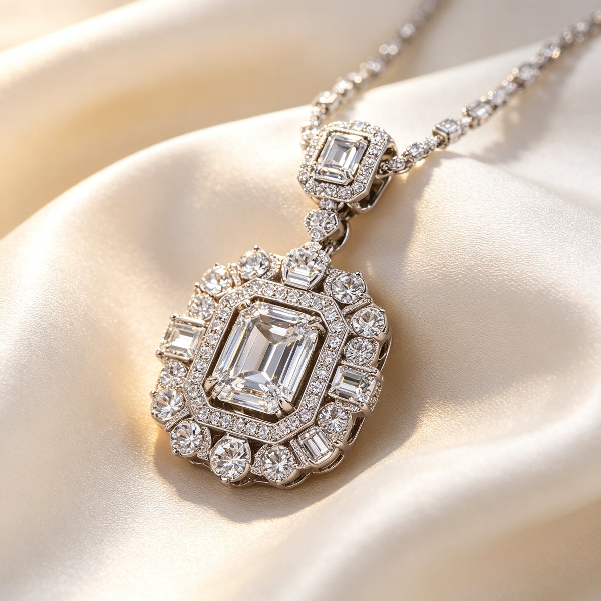 Macro detail of The Nadir necklace square medallion pendant with baguette CZ