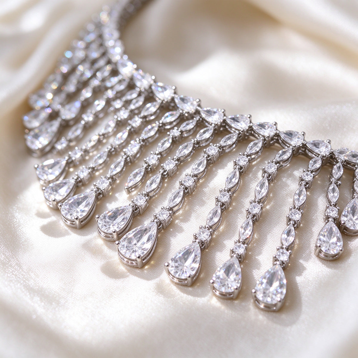 Macro close-up of cascading pear and marquise cut clear cubic zirconia fringe drops