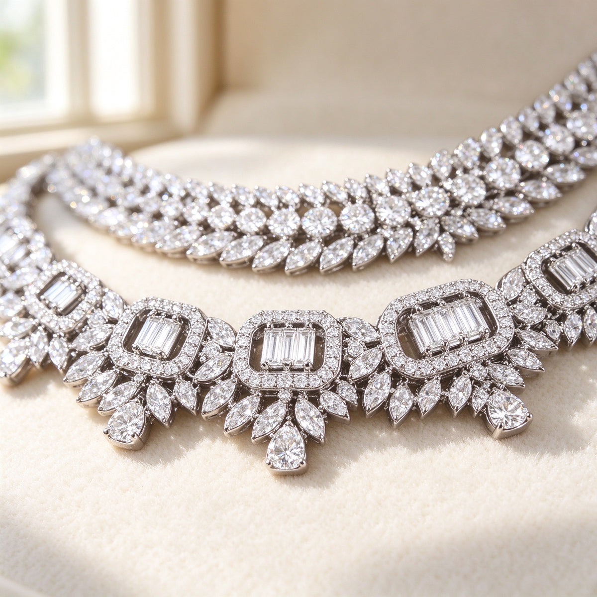 Macro of the Reed necklace baguette-CZ rectangular frames and leaf clusters