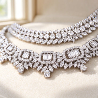 Macro of the Reed necklace baguette-CZ rectangular frames and leaf clusters