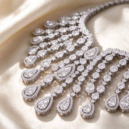 Macro detail of pave-set pear-shaped cubic zirconia stones on silk fabric