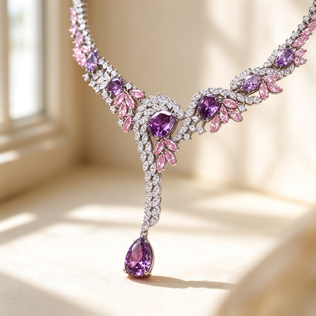 Macro close-up of The Nova pink-to-lavender marquise and pear cubic zirconia in clear halos on ivory silk