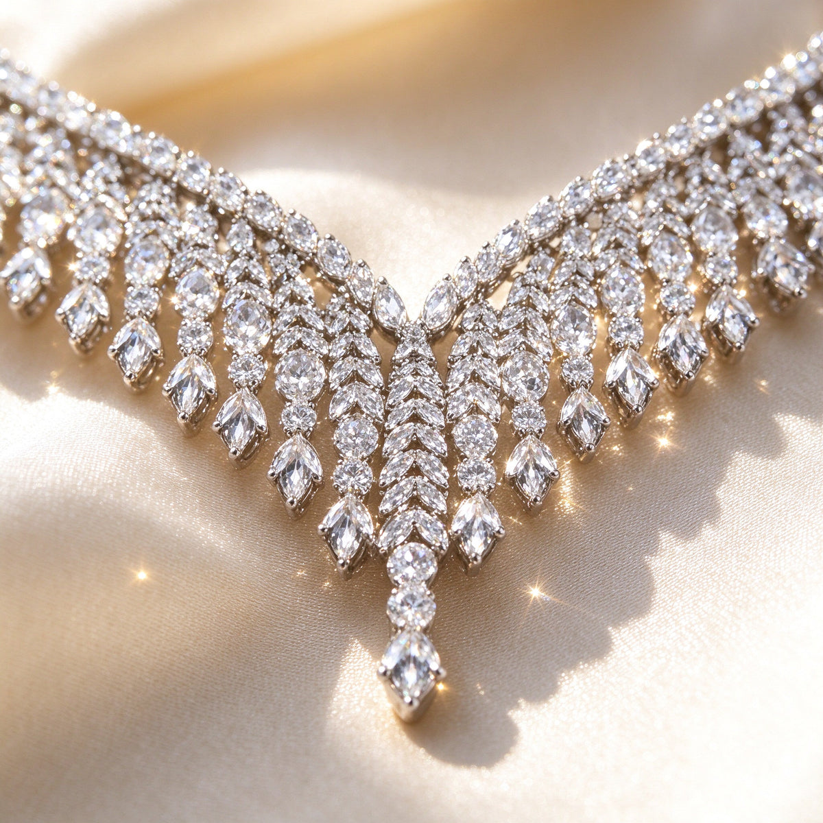 Macro of The Moss cascading V fringe of graduated marquise and round CZ on ivory silk fabric