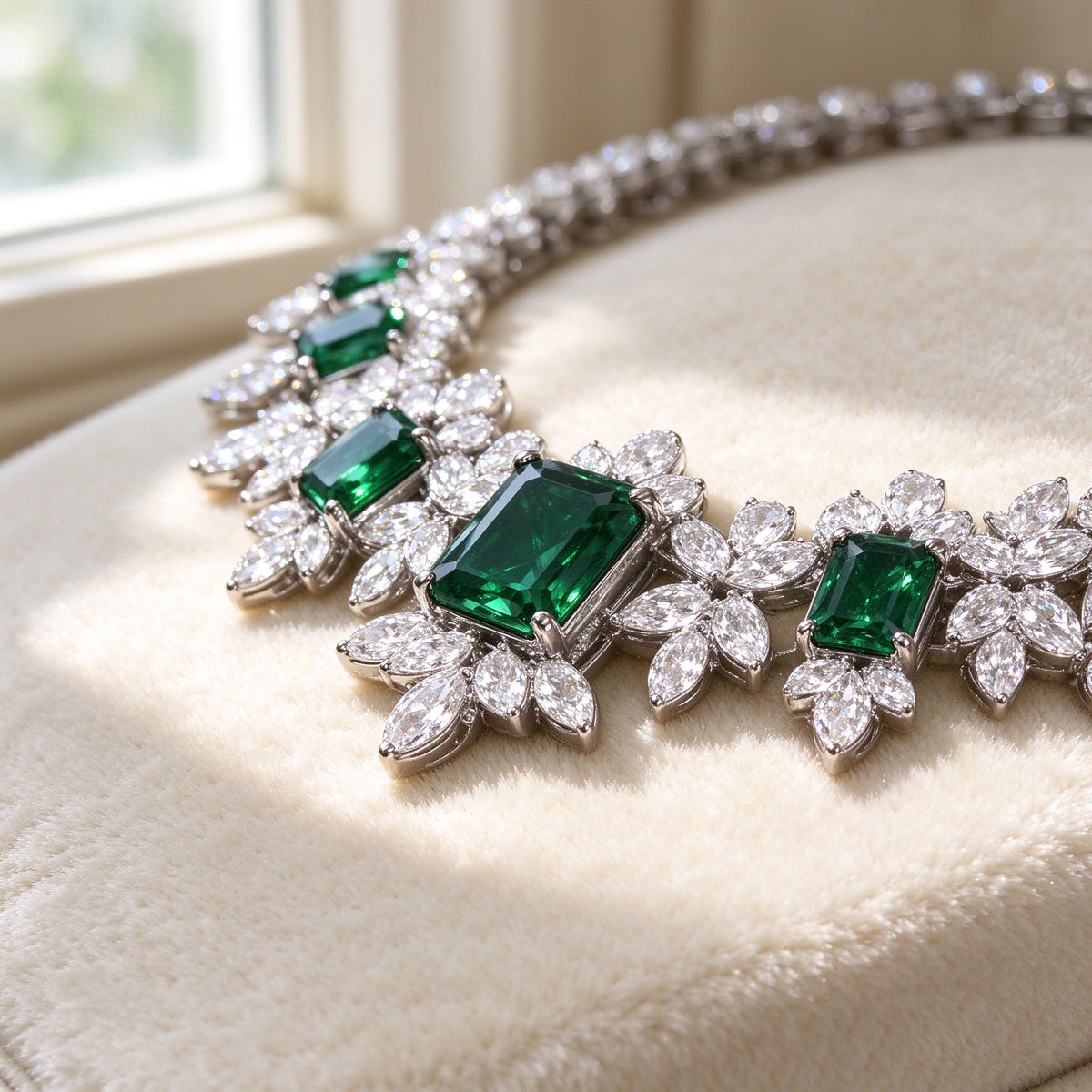 Macro detail of an emerald-green emerald-cut rectangular CZ surrounded by a clear leafy CZ halo on The Twilight Bridal Parure necklace