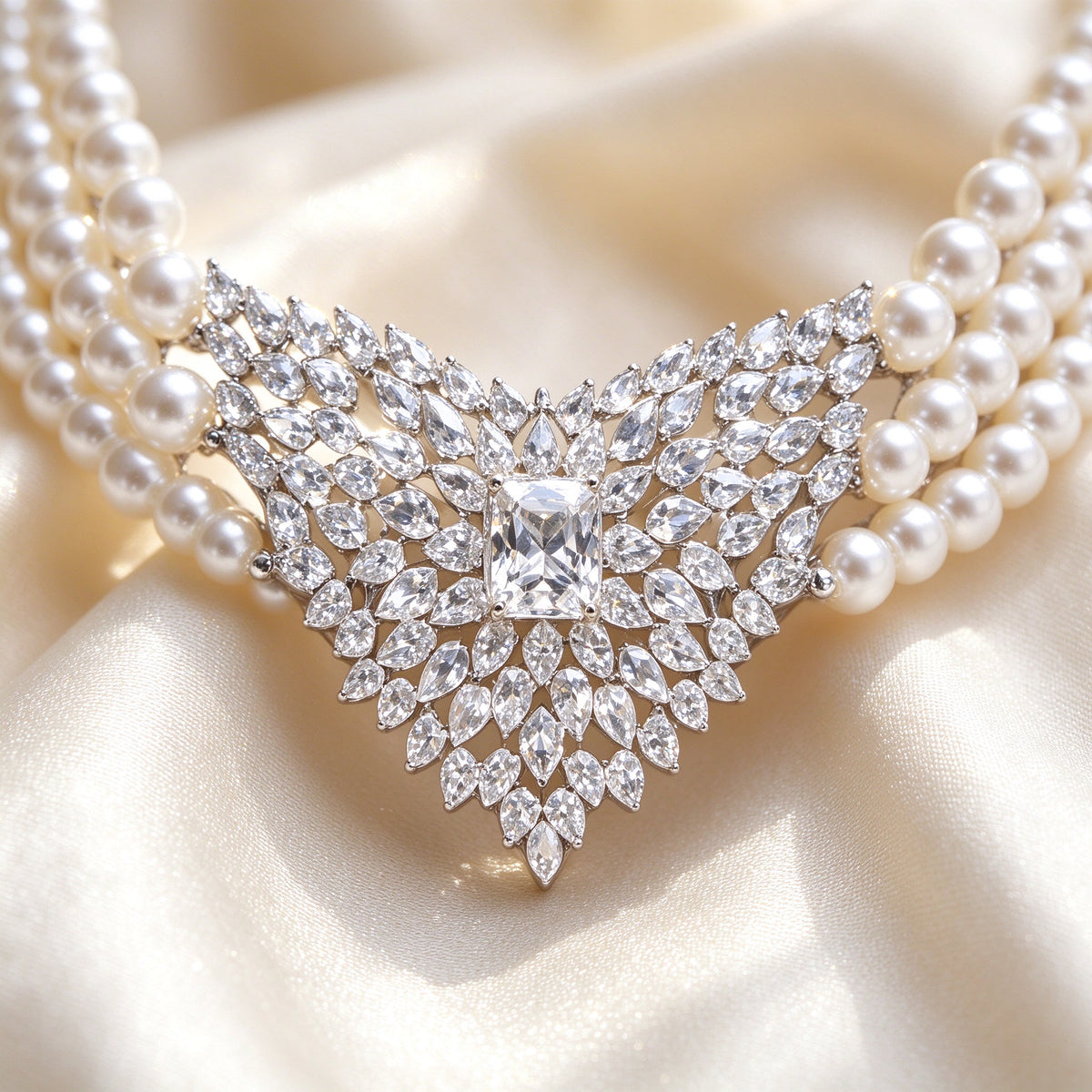Macro of The Clover V-shaped radiating CZ cluster centered on a princess-cut stone, flanked by white pearl strands on ivory silk