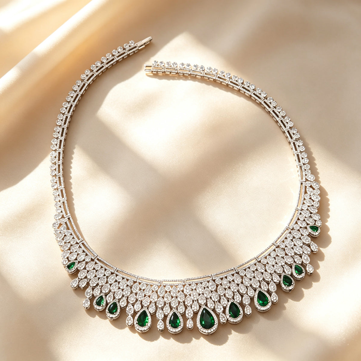 Macro close-up of The Estelle pavé collar and emerald green pear-shaped cubic zirconia teardrop drops on ivory silk