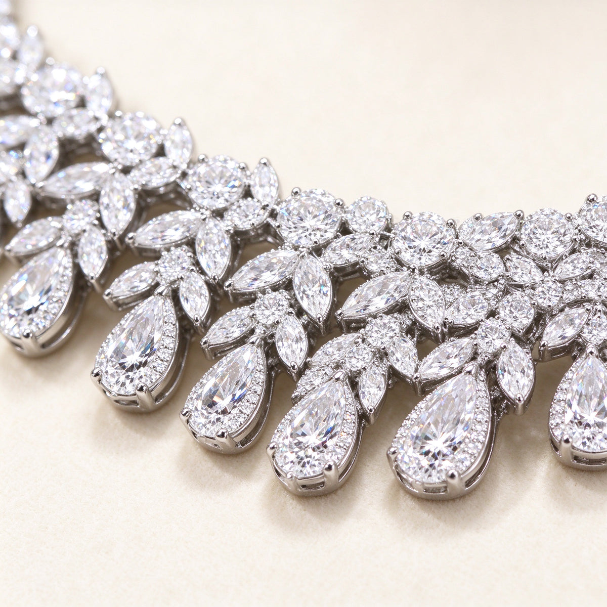 The Seraphine Bridal Set – macro of marquise, round and pear-cut cubic zirconia in silver-tone settings