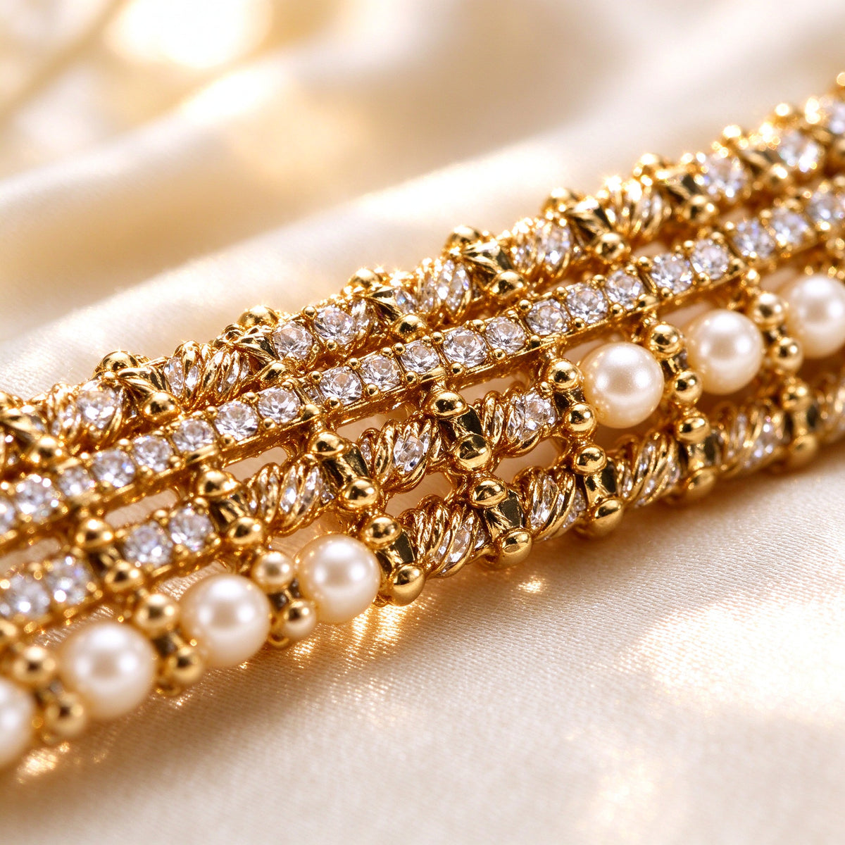 Macro close-up of the gold-tone woven micro-pavé clear CZ and cream pearl bead texture