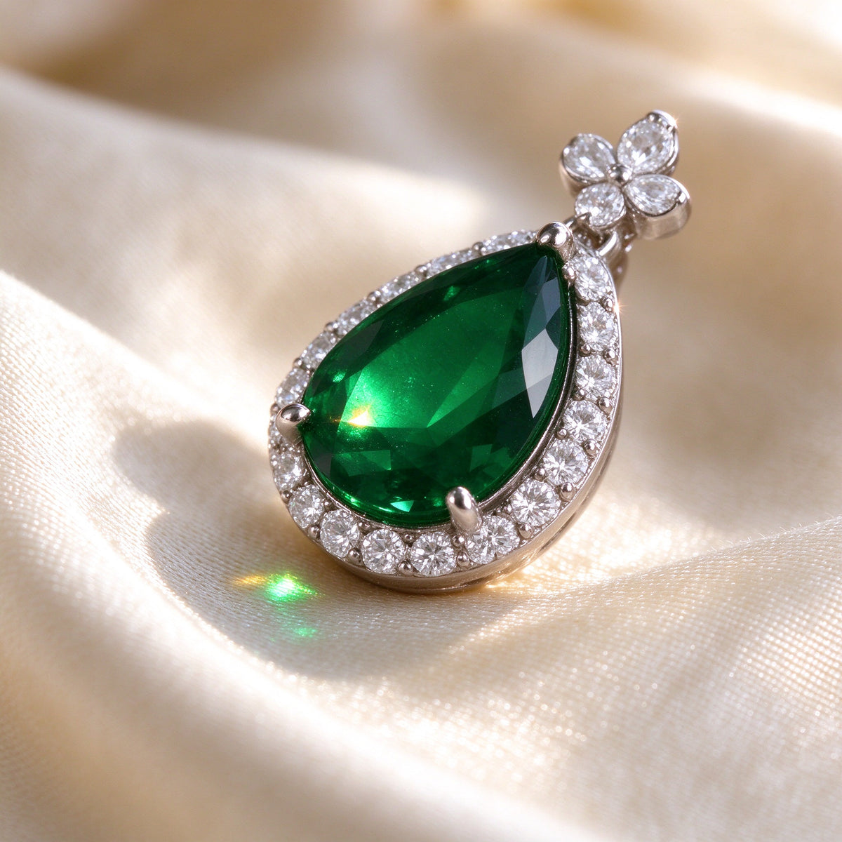 Macro detail of The Magnolia Crystal Parure pear-shaped emerald-green CZ pendant with diamond halo on champagne silk