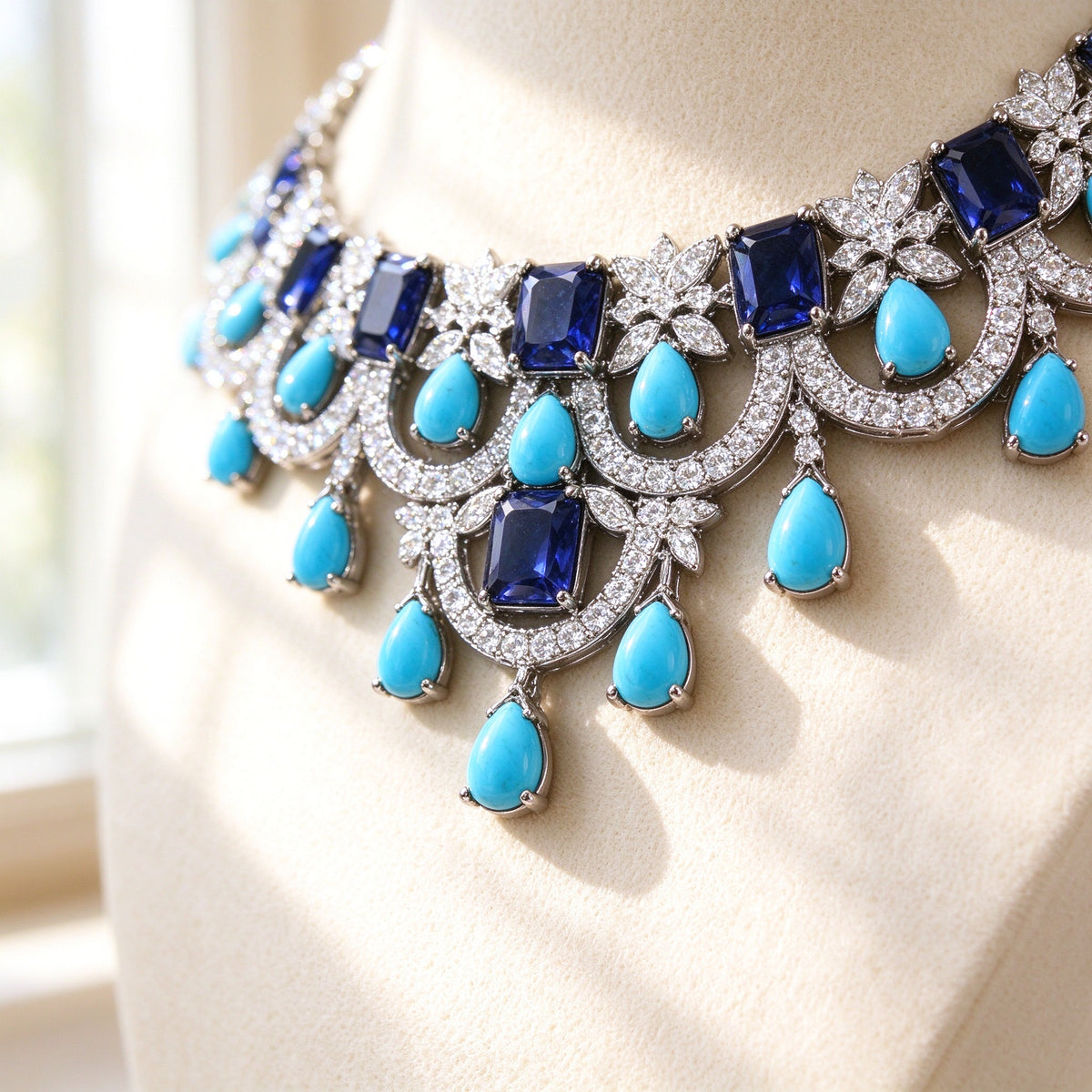 The Riley Bridal Parure – macro of pavé CZ scalloped bib with navy cushion stones and turquoise teardrops