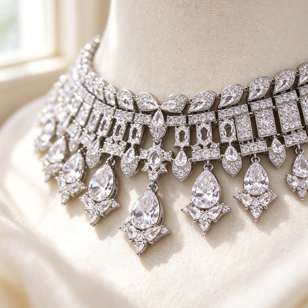 The Quinn Crystal Parure – macro of articulated pavé CZ rectangular panels and pear-shaped drops