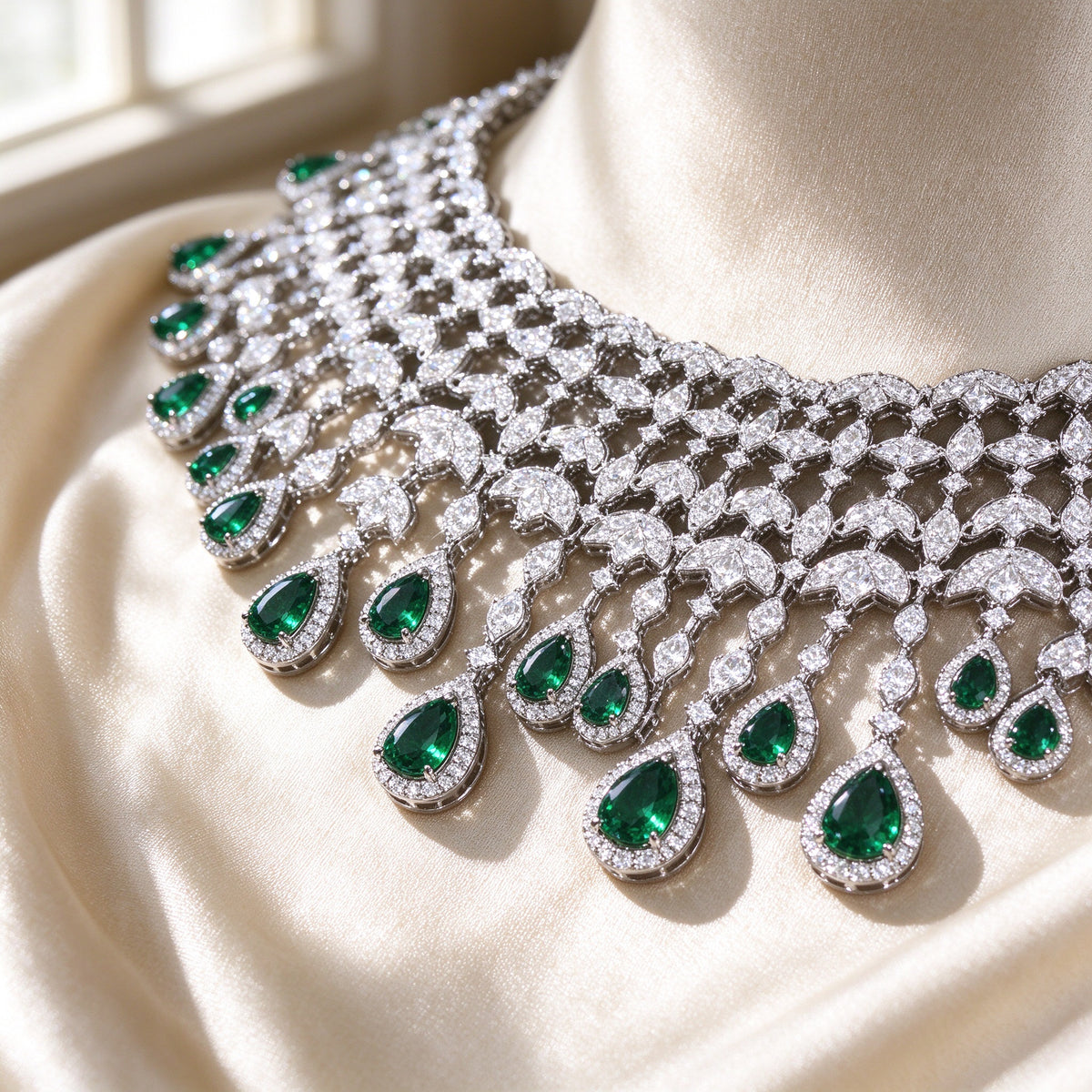 Macro detail of pave-set clear CZ and haloed emerald-green pear stones on silk