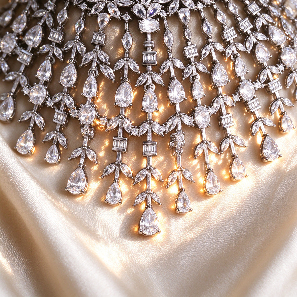 Macro detail of mixed pear and baguette CZ fringe in The Comet Crystal Parure necklace
