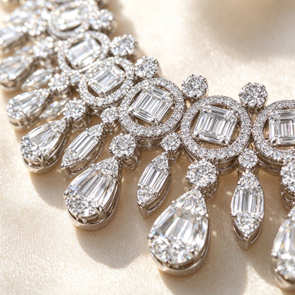 Macro detail of The Vine baguette and pear-cut cubic zirconia fringe