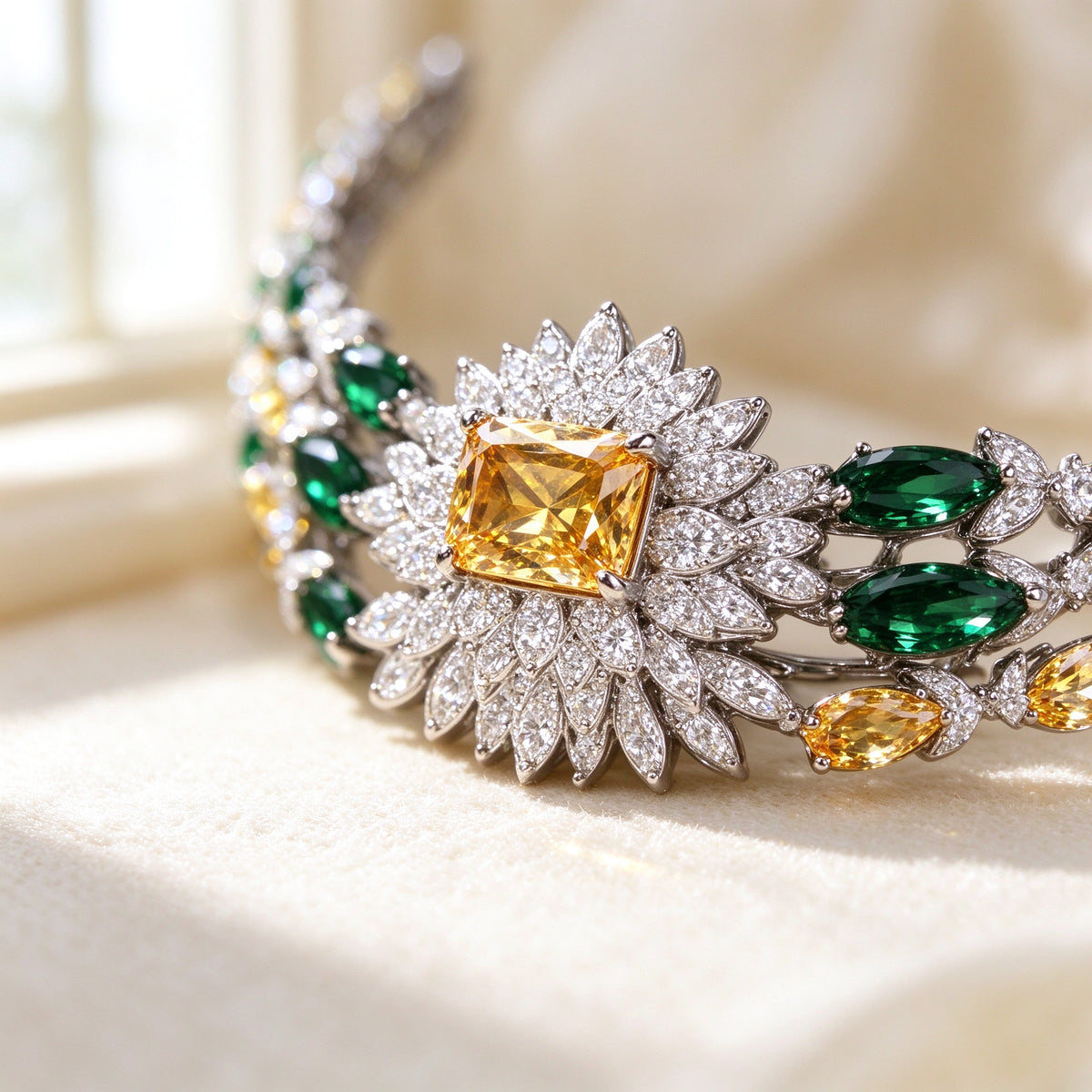 The Morgan Bridal Set – macro of the central pavé sunburst halo around a golden cushion stone with emerald marquise drops