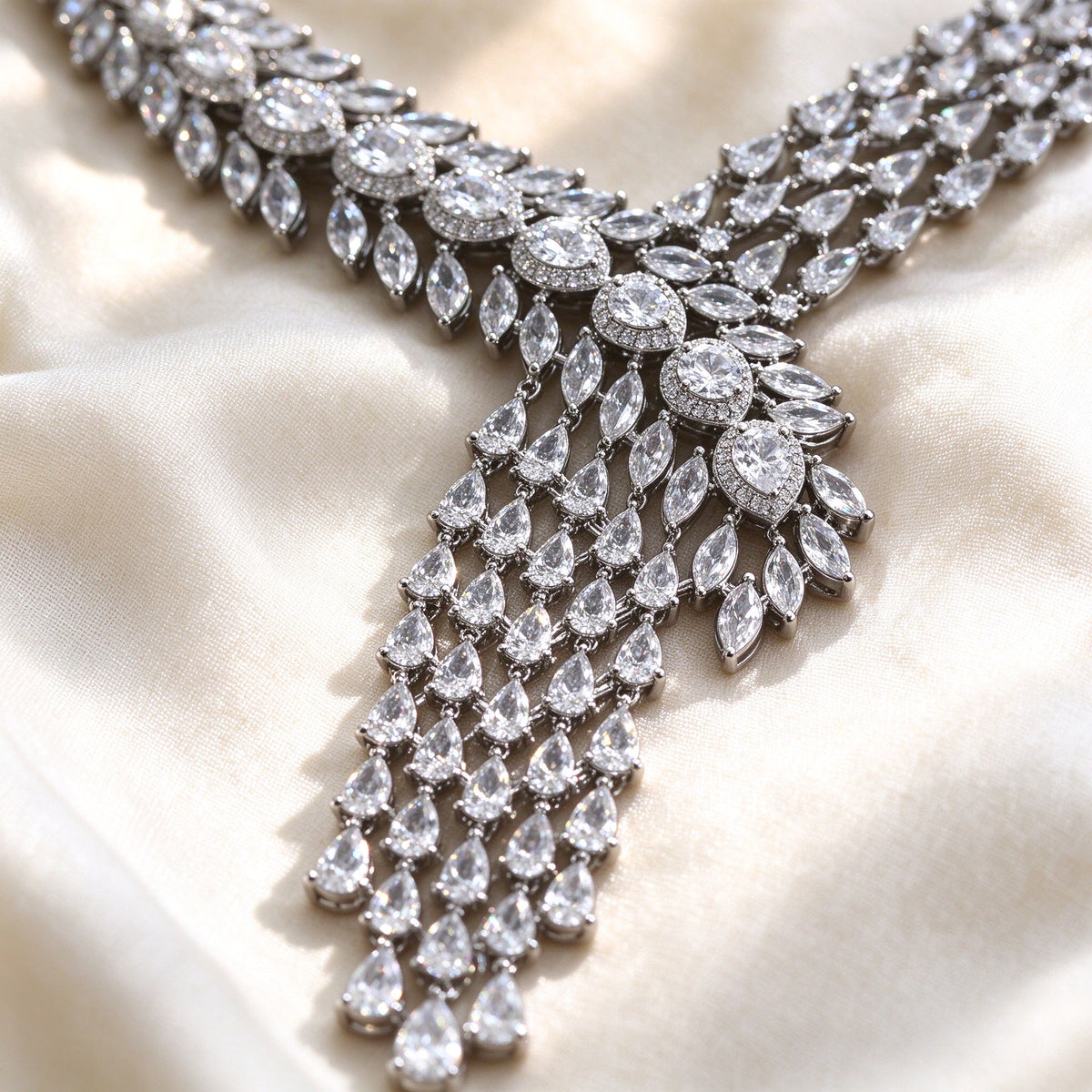 Macro detail of The Marigold Wedding Suite necklace showing pavé marquise and pear cubic zirconia