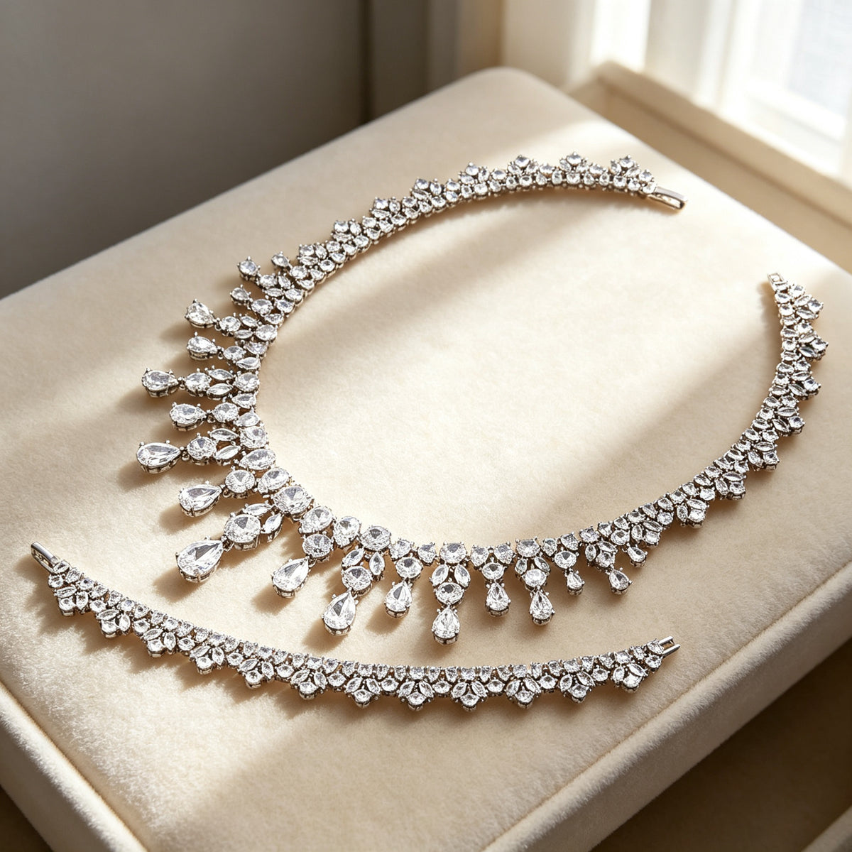 Macro of open fringe cascade mixed-cut cubic zirconia necklace detail