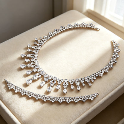 Macro of open fringe cascade mixed-cut cubic zirconia necklace detail