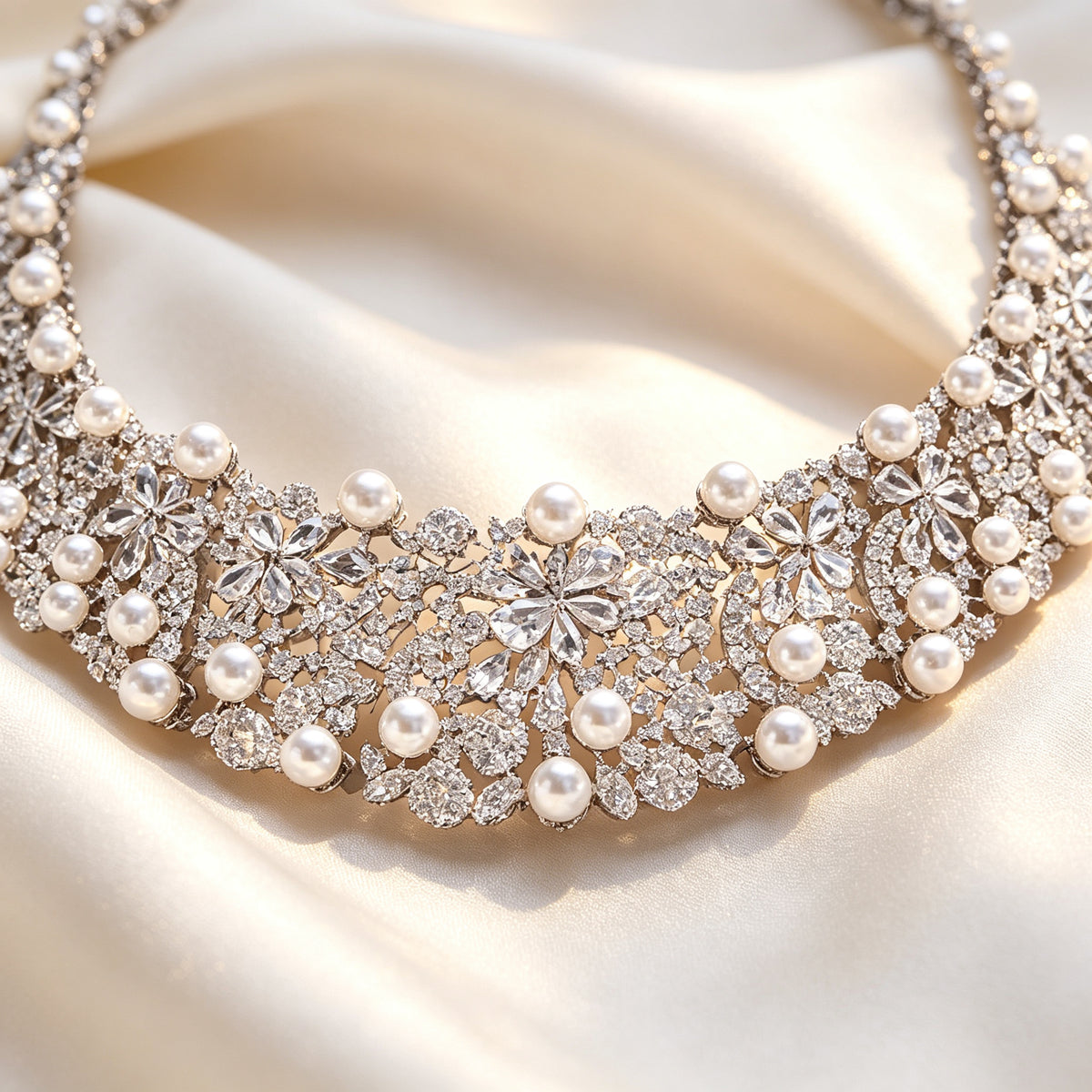 Macro detail of cubic zirconia pavé and pearl setting on The Eclipse necklace