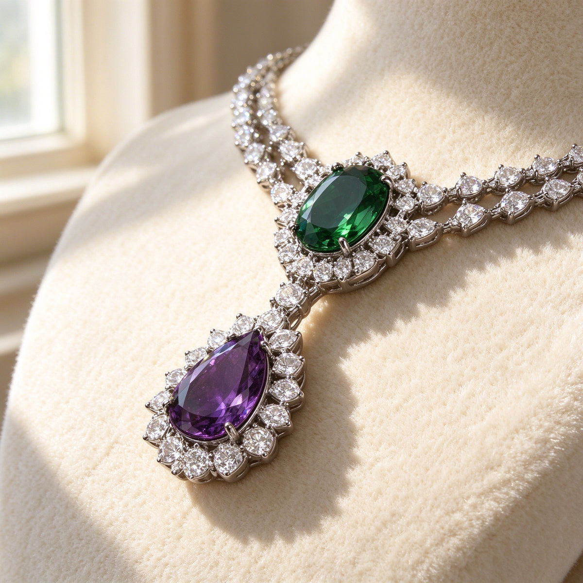 Macro of The Crown Y-drop necklace centerpiece emerald-green oval and amethyst-purple pear CZ with white CZ halo