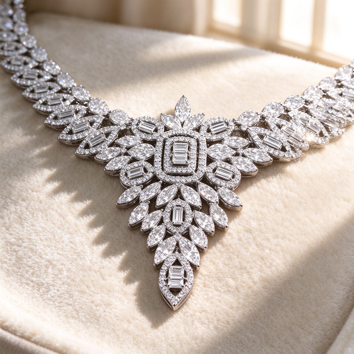 Macro of The Tiara V-point necklace center marquise and baguette-cut clear cubic zirconia fan