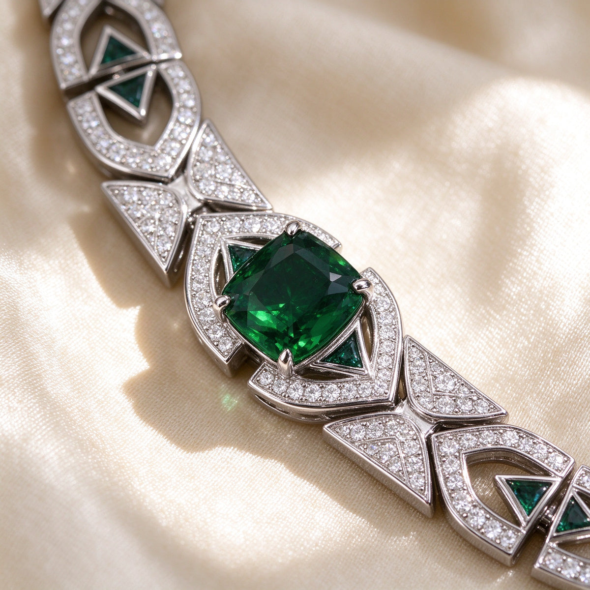 Macro detail of emerald-green cushion CZ center stone and pavé triangular links