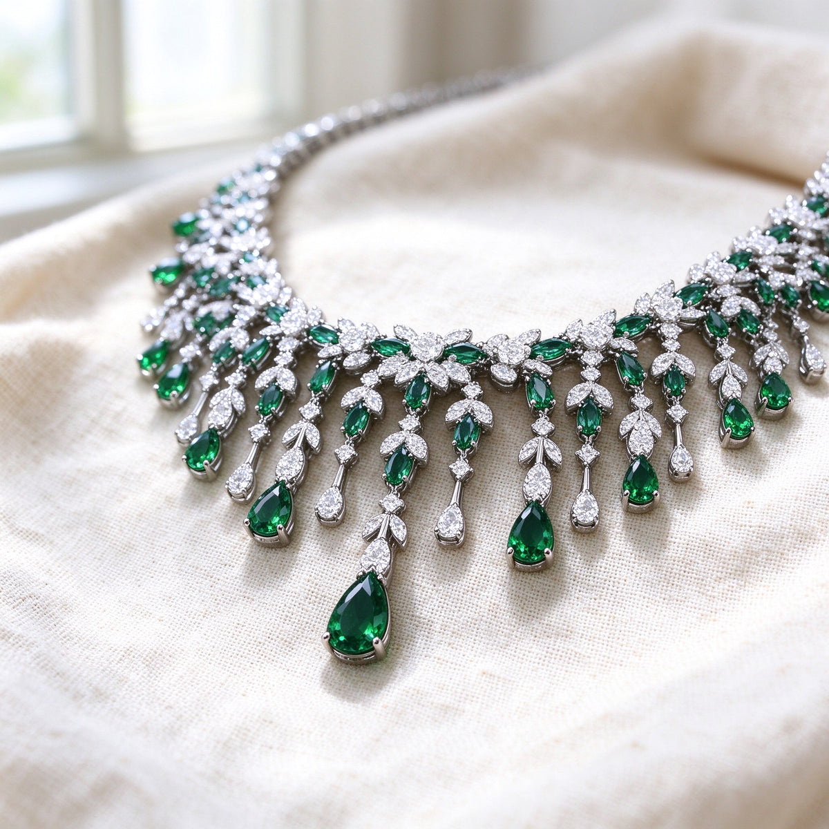 Macro detail of The Sheaf Wedding Suite fringe bib necklace with cascading emerald-green pear and marquise CZ drops