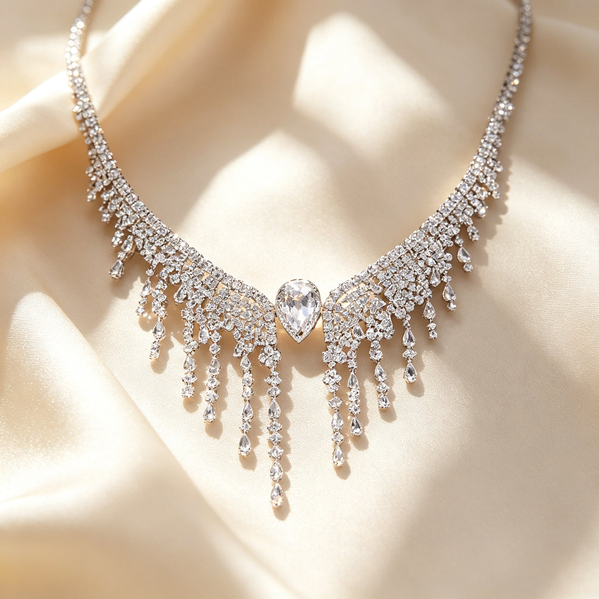 Macro close-up of The Genevieve central pear teardrop cubic zirconia and graduated cascading fringe on ivory silk