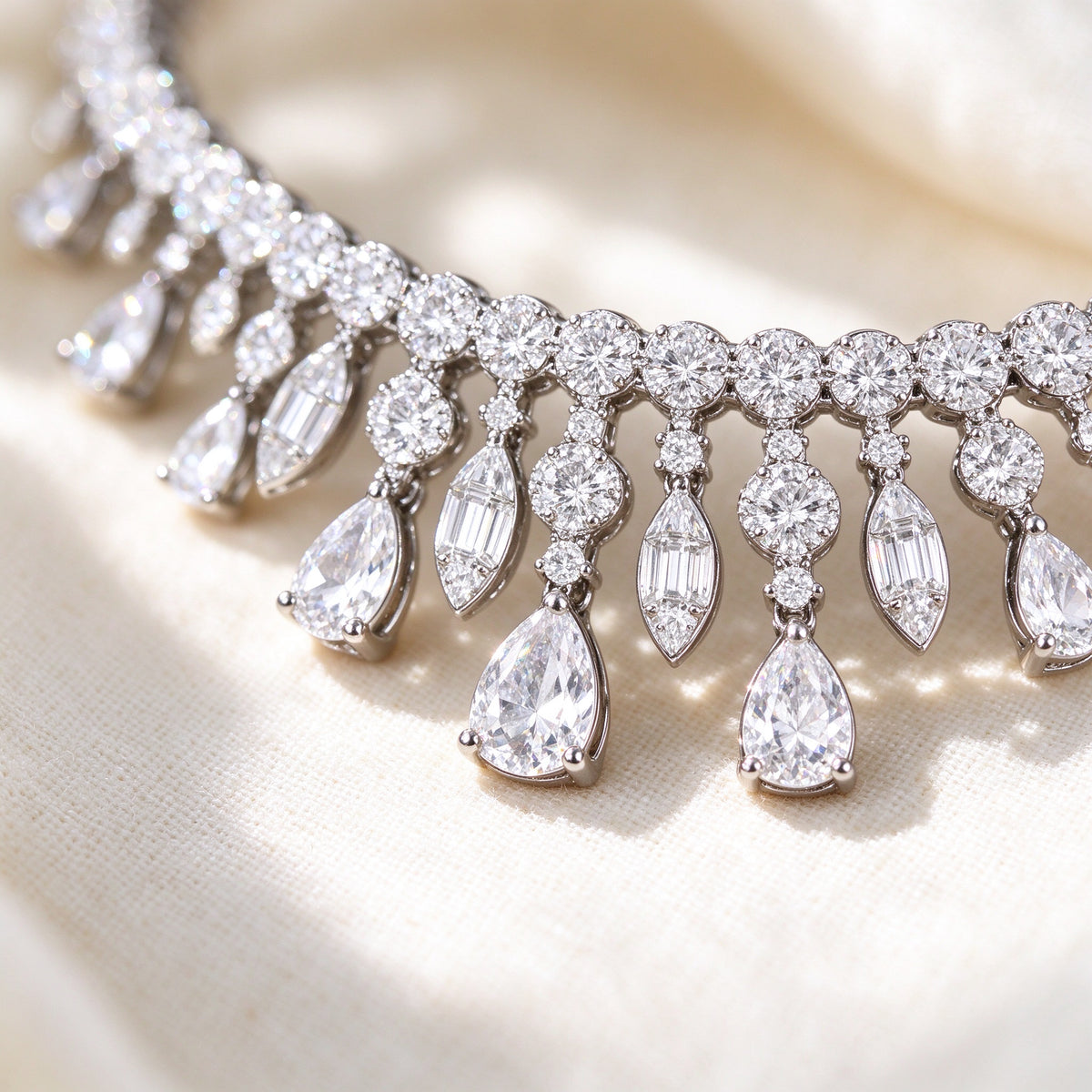 The Harper Crystal Parure – macro of pavé CZ graduated fringe with pear and marquise drops