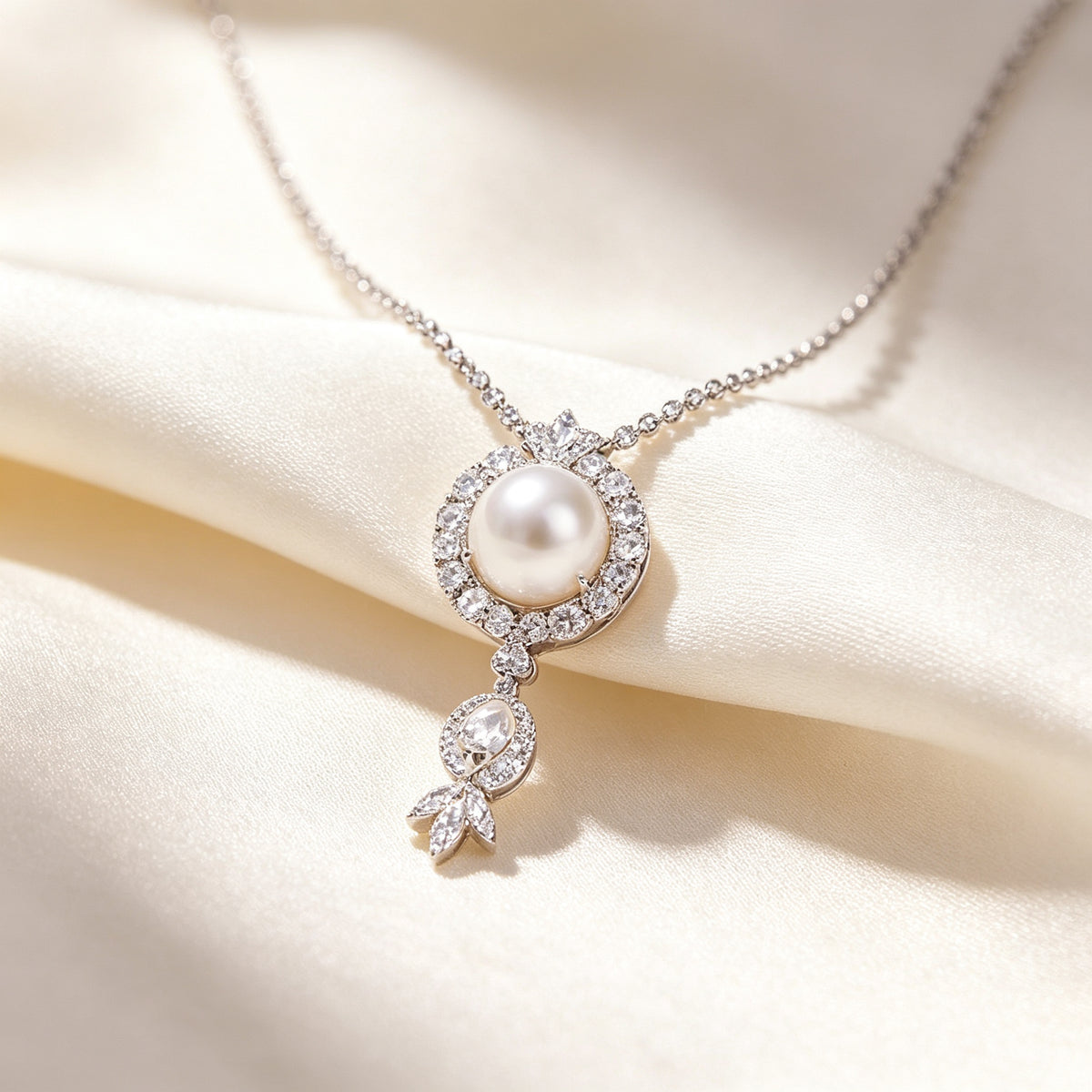 Macro detail of The Zenith necklace pendant — pearl in CZ halo with leaf drop
