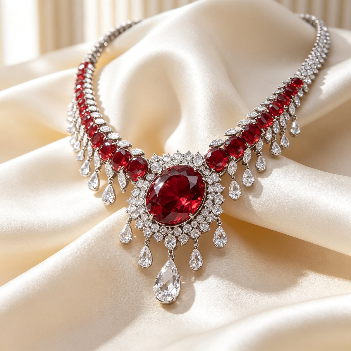 Macro detail of oval ruby-red CZ and pavé clear CZ with pear drop on cream silk