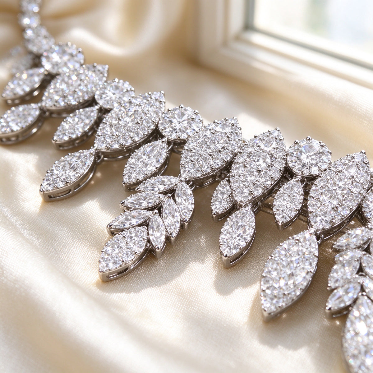 Macro detail of The Luna Crystal Set micro-pavé marquise and round clear CZ leaves