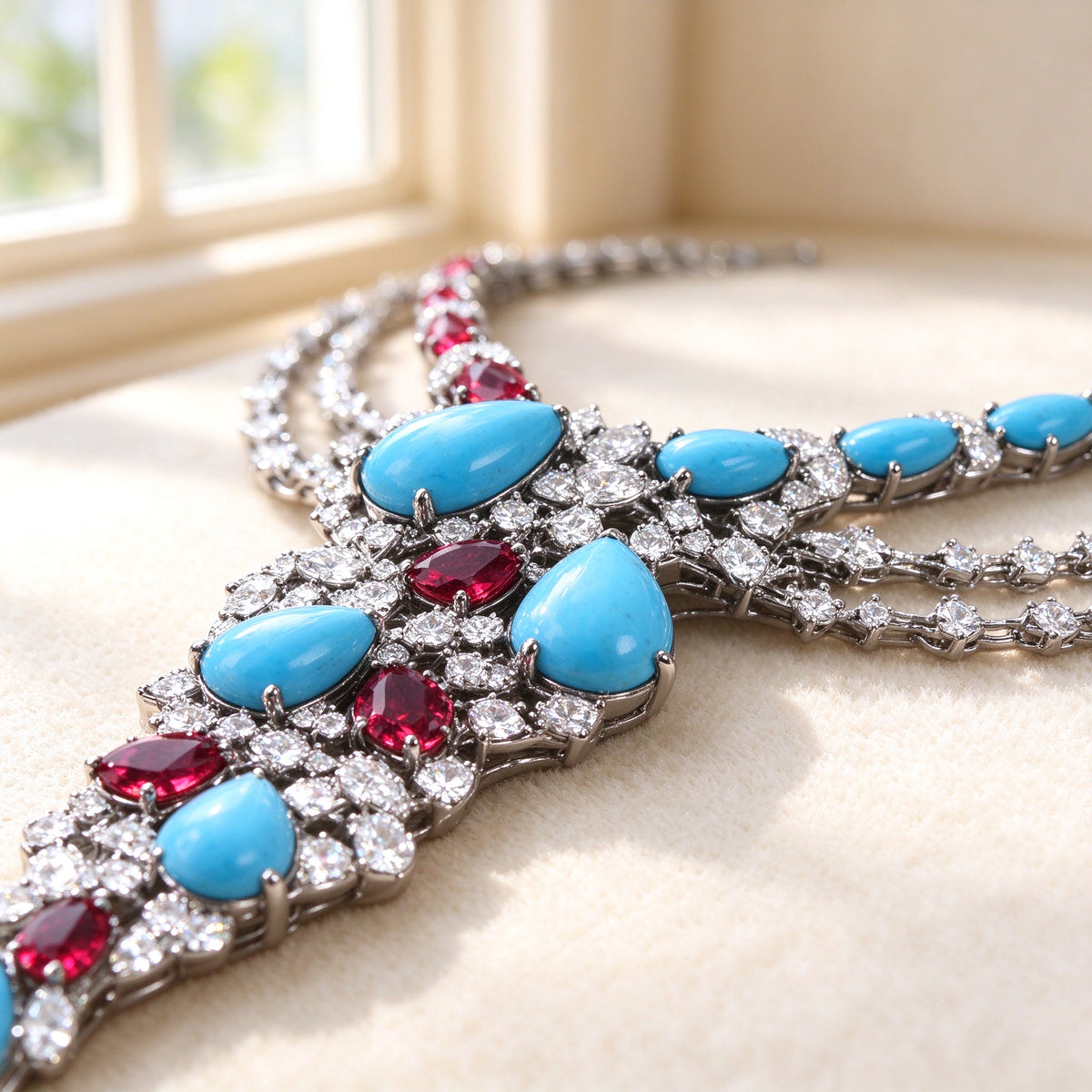 Macro detail of turquoise-blue teardrop and crimson stones in CZ pavé