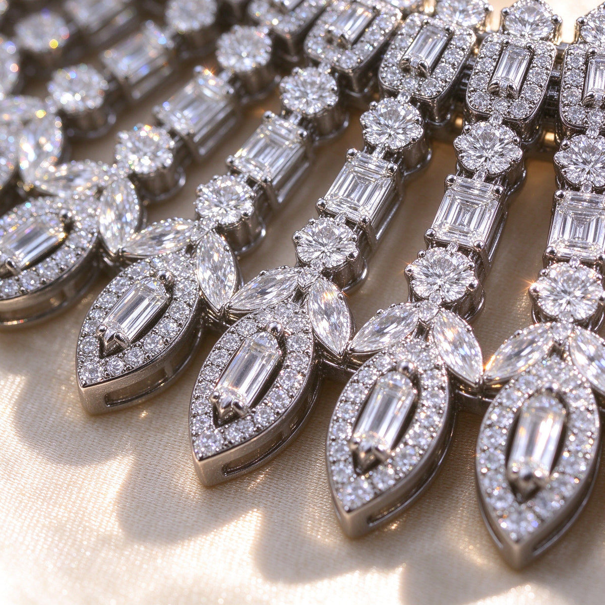 Macro detail of The Jasmine Bridal Set necklace fringe showing alternating baguette and marquise cubic zirconia stones on champagne silk