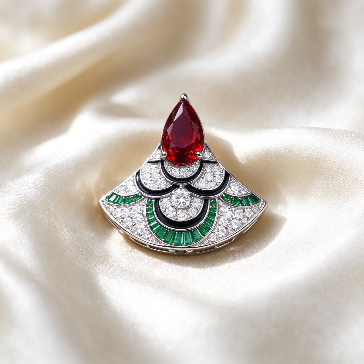 Macro of The Camellia Bridal Parure layered fan pendant showing ruby-red teardrop, emerald baguette arcs and black enamel outline on ivory silk